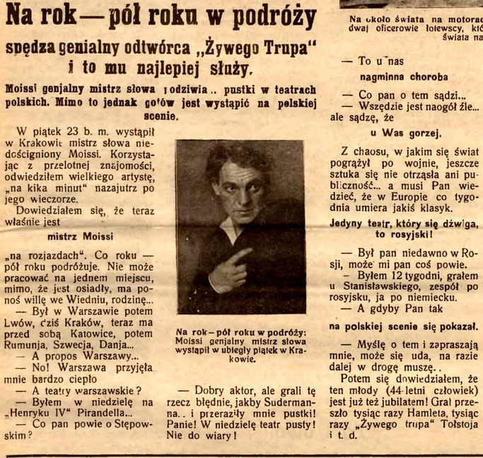 Në një vit duke udhëtuar gjatë gjysmës së tij : Moisiu, mjeshtri i shkëlqyer i fjalëve, performoi të premten e kaluar në Krakovi. — Nowości Ilustrowane, e enjte, 29 tetor 1925, faqe n°3